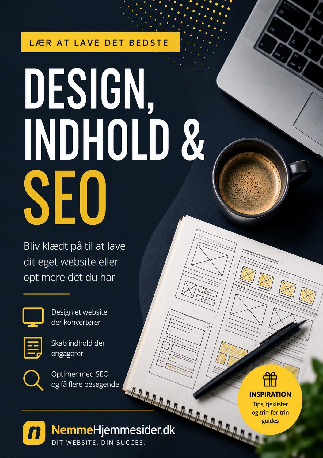 Cover til gratis e-bog: Design, Indhold & SEO